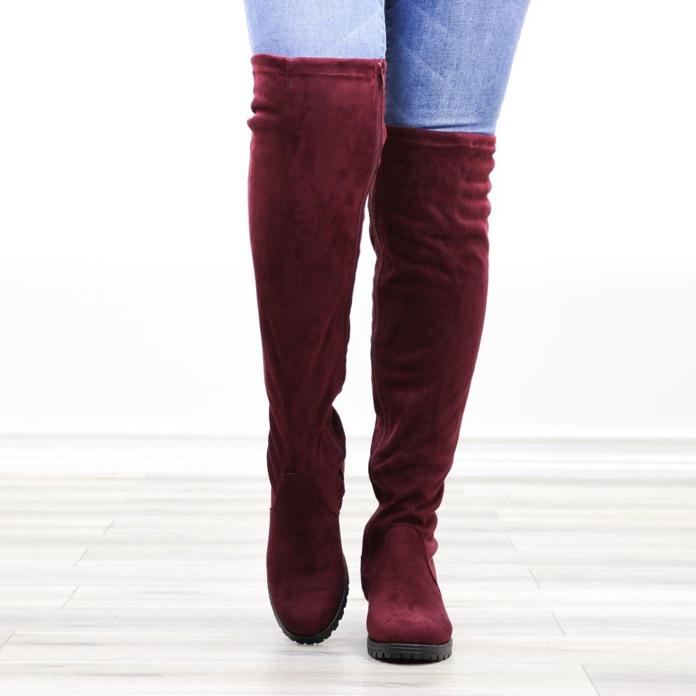 Wine Lug Sole Thigh High Boots Back Lace Tie - Picture 11 of 14